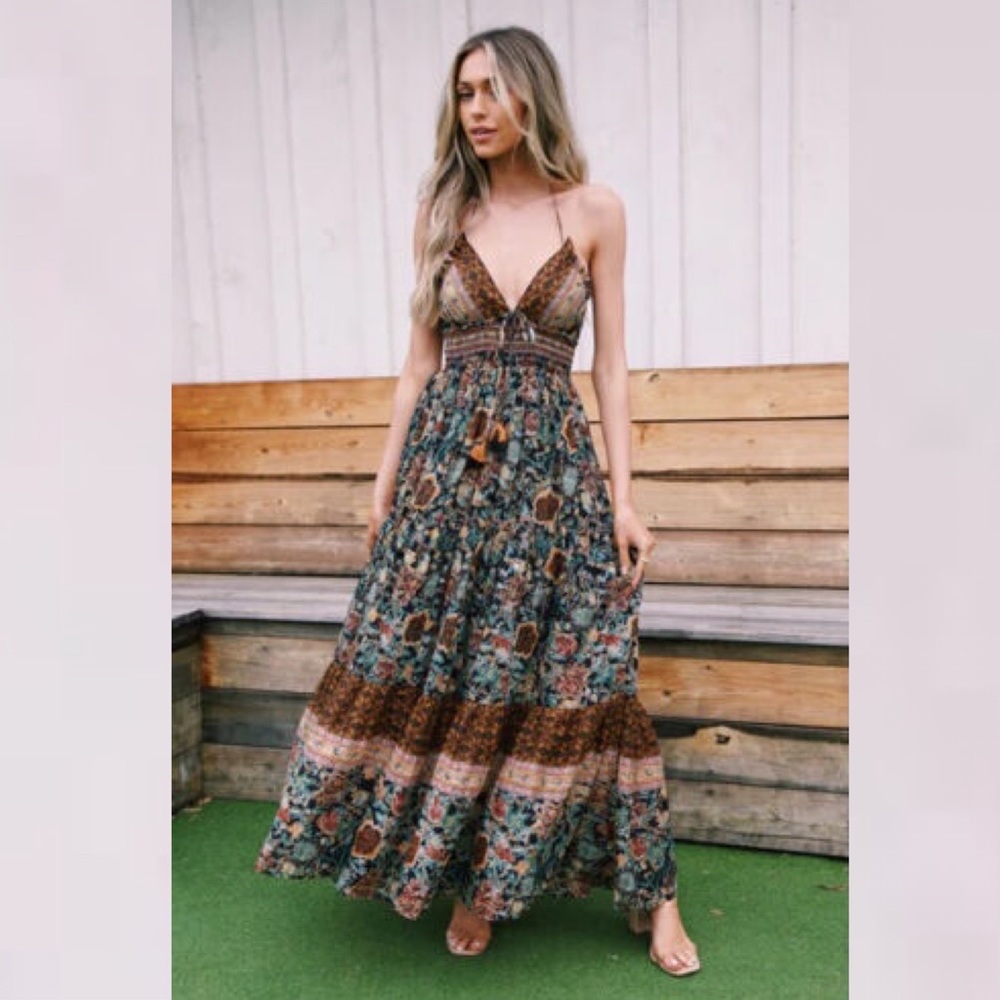 Bohemian Floral V-Neck Maxi Dress in Teal and Brown